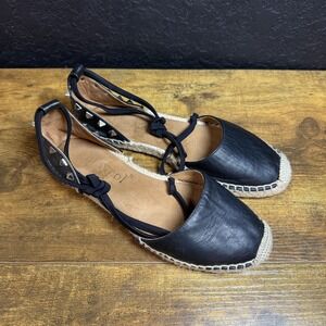 Maypol Black Leather Studded Ankle Tie Espadrille Flats Made in Spain Size 38